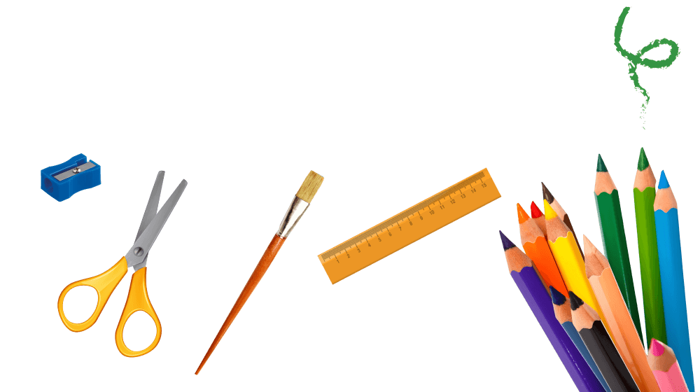 Material escolar, regla, tijeras, lápices de colores, sacapuntas, pincel